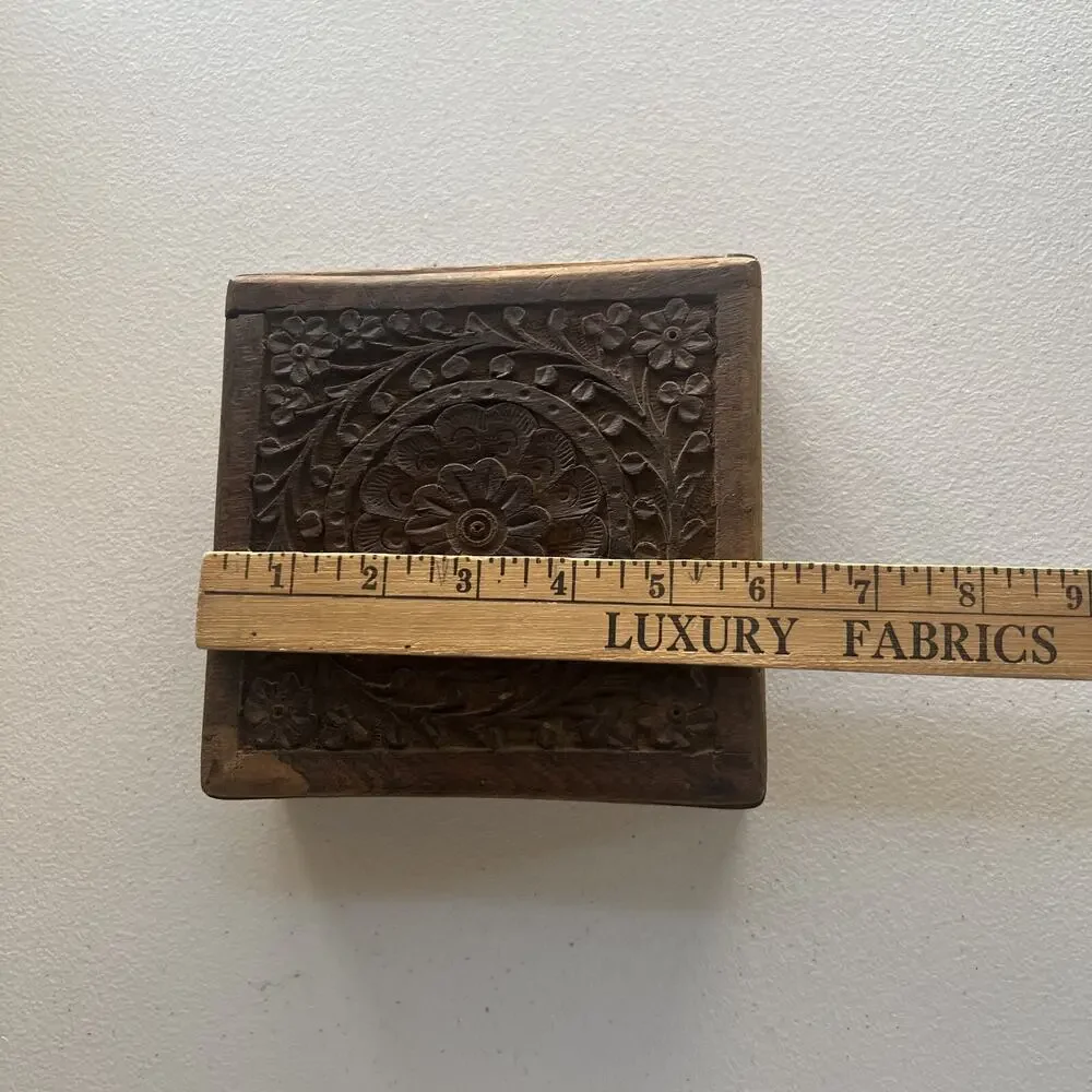 Vintage Hand Carved Wood Jewelry Trinket Box India Hinged Top 6 x 5.5 x 2.5 In
